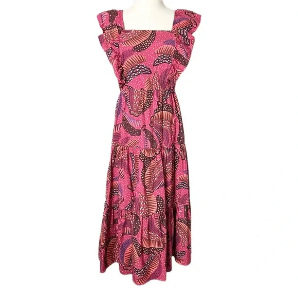 Farm Rio Wild Bananas Print Square Neck Ruffled Tiered Midi Dress Size Medium - Picture 2 of 7